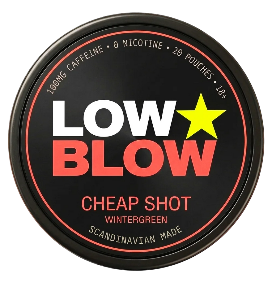 LOW BLOW CHEAP SHOT tin, WINTERGREEN, 100mg caffeine, zero nicotine